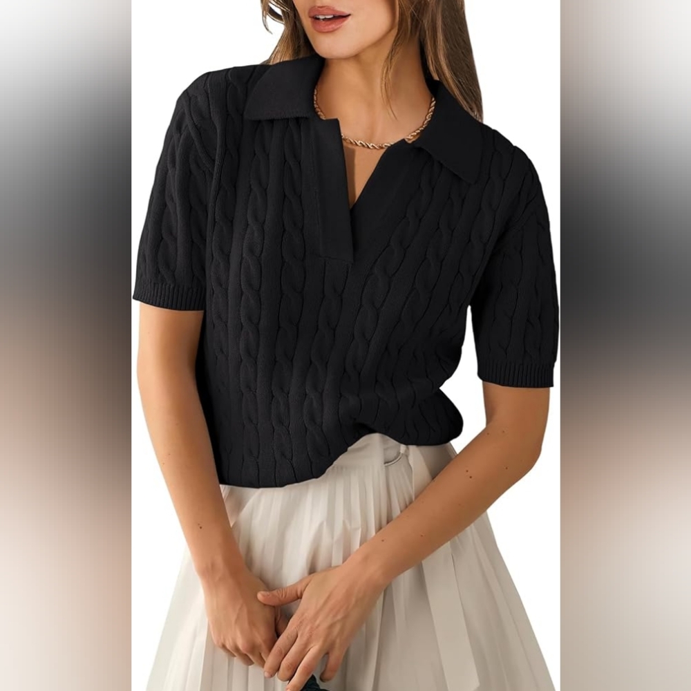 🪻Short Sleeve Polo V Neck Cable Knit Soft Pullover Sweater 🪻
